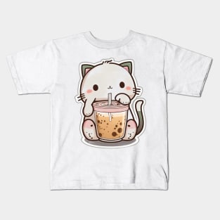 Cute Cat Drinking Bubble Tea Cartoon Boba Drawing Kids T-Shirt